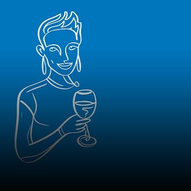 White silhouette of a woman holding a glass of wine against a blue background