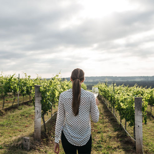 Woman in a black and white polka dot shirt standing in a vineyard holding a glass of white wine