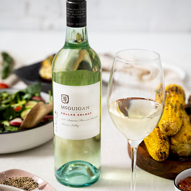 McGuigan Cellar Select Semillon with corn and salad