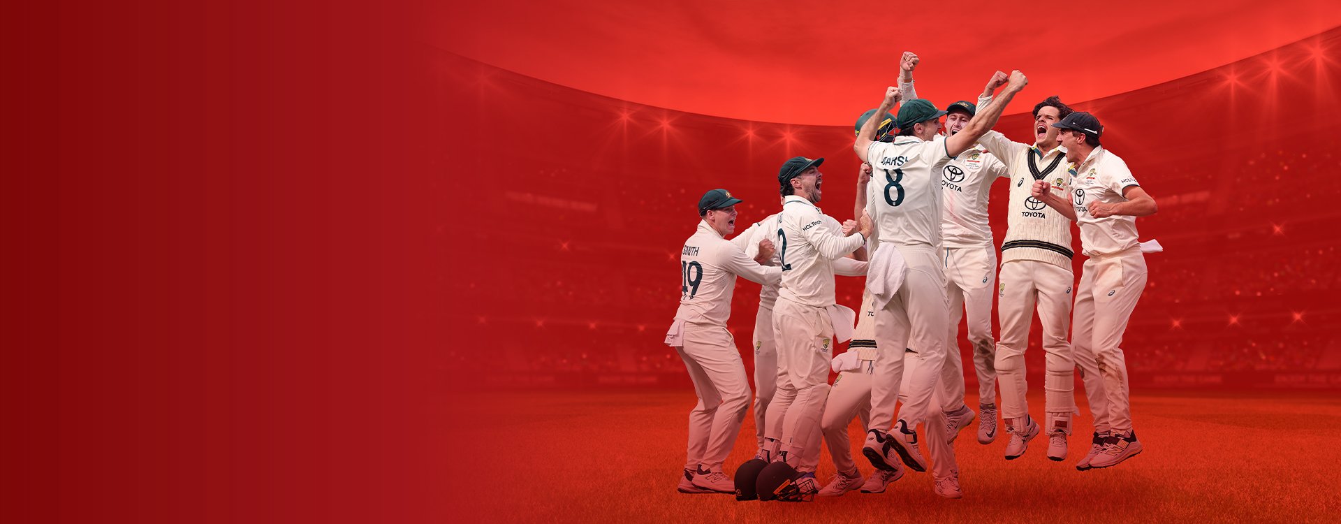 McGuigan Wines and Cricket Australia partnership announcement, cricket team celebrating and jumping in the air with a stadium full of fans in the background.