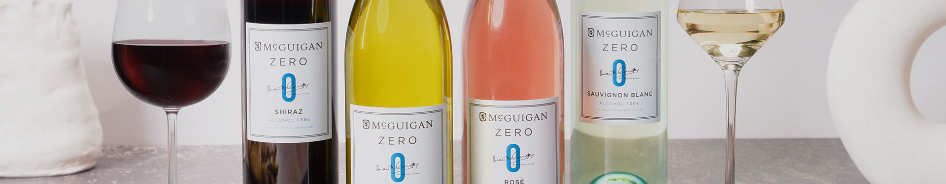 McGuigan Zero Shiraz, White, Rose and Sauvignon Blanc bottles